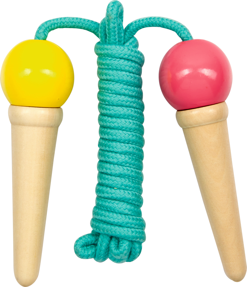 Ein Springseil mit einem gelben und einem pinken Holzgriff sowie einer aufgewickelten, türkisfarbenen Seilschnur.