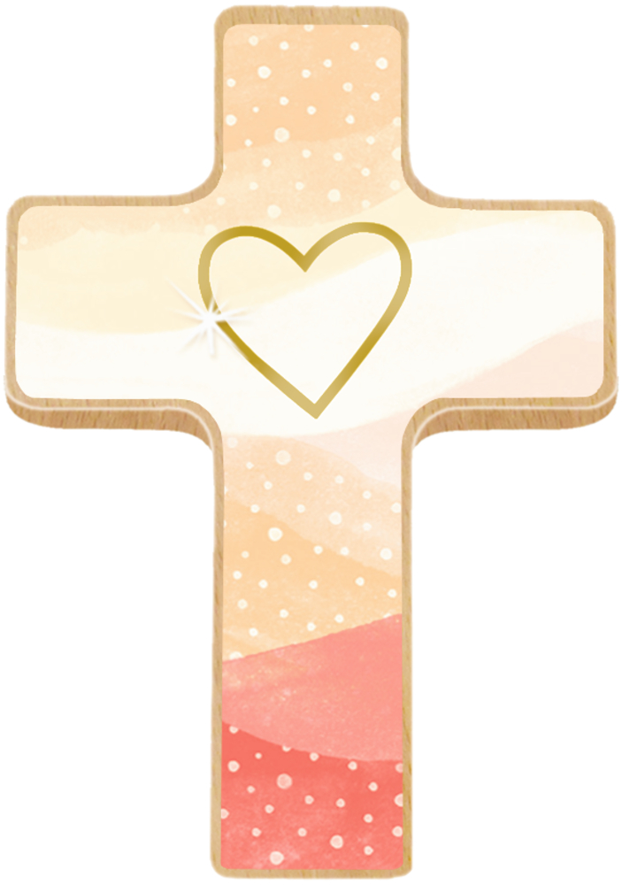 Herz, Holzkreuz auf Büchlein: Du bist geborgen in Gottes Hand