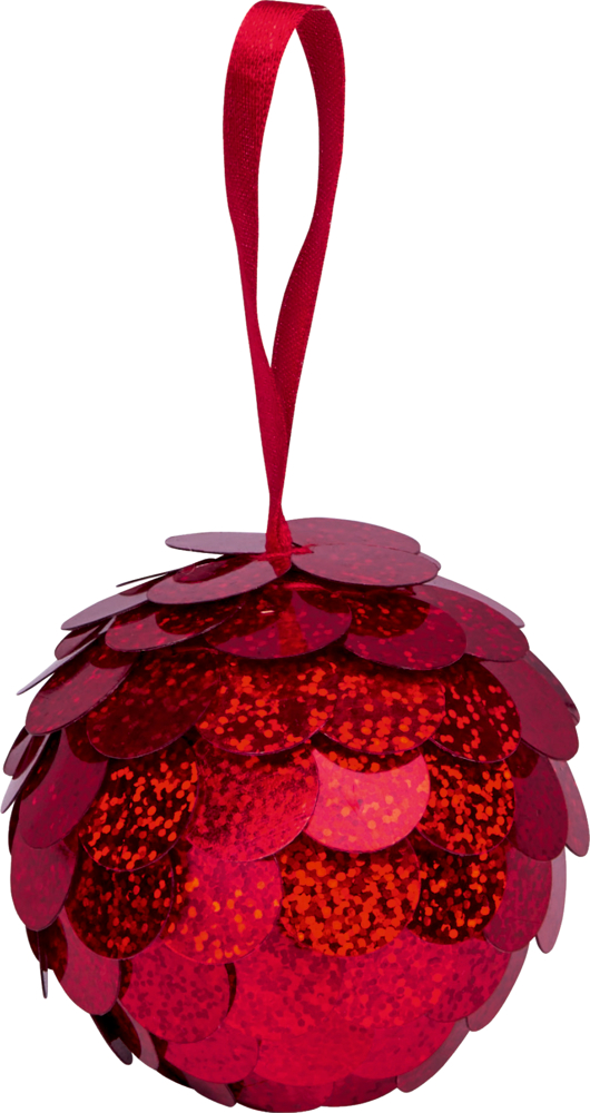 Rote Kugel mit überlappenden Glitzerpailletten und rotem Band zum Aufhängen.