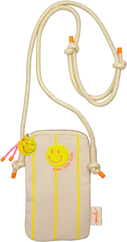 Beigefarbenes Hanytäschchen mit gelben Streifen, Smiley-Gesicht und Schriftzug Good Mood Club, daran befestigte Kordel.