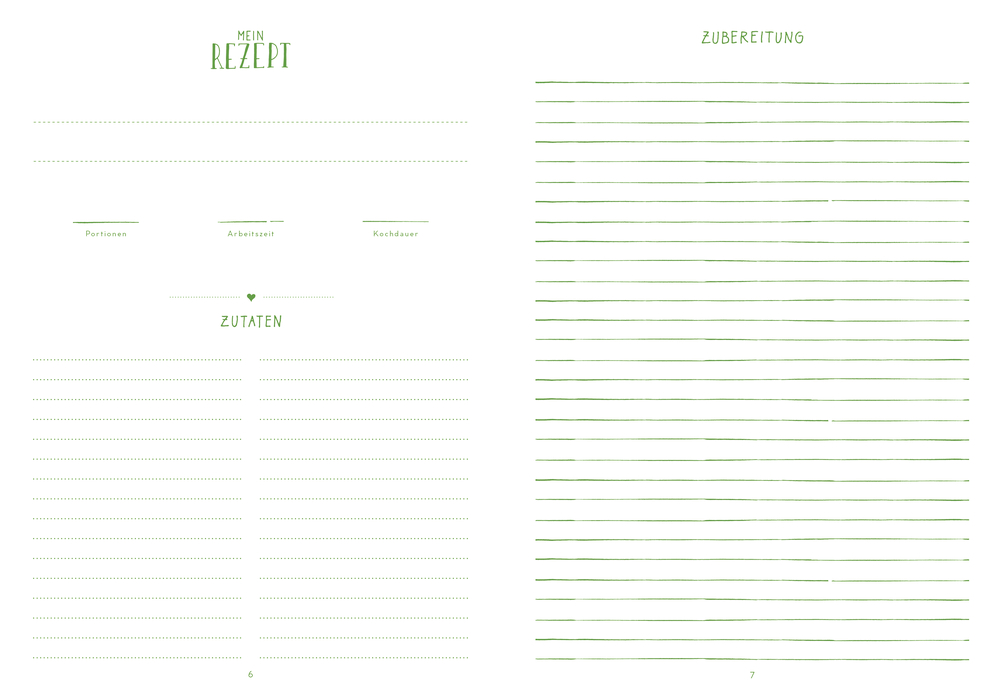 Leere Vorlage mit Bereichen für Titel, Zutaten, Portionen, Aufwand, Kochzeit und Zubereitungsschritte.