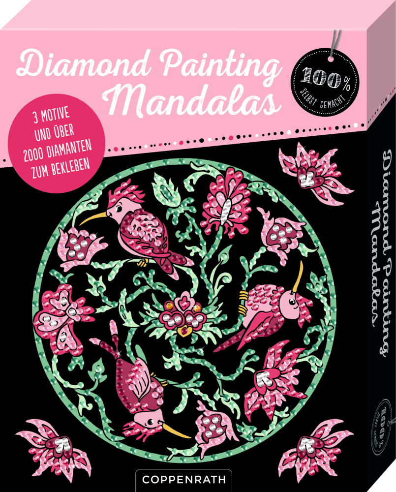 Diamond Painting Mandalas (100% selbst gemacht) Rosafarbene Box mit Diamond Painting-Mandalas mit verzierten Vögeln und Blumenmandala in Rosa und Grün.
