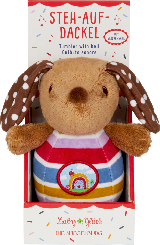 Plüsch-Dackel mit gepunkteten Ohren, gestreiftem Körper in bunter Pappschachtel.