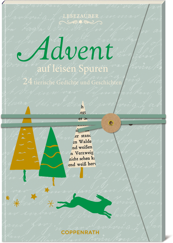 Buch mit hellblauem Umschlag, drei stilisierten Bäumen, einem springenden Hasen und grüner Kordel mit Verschluss.