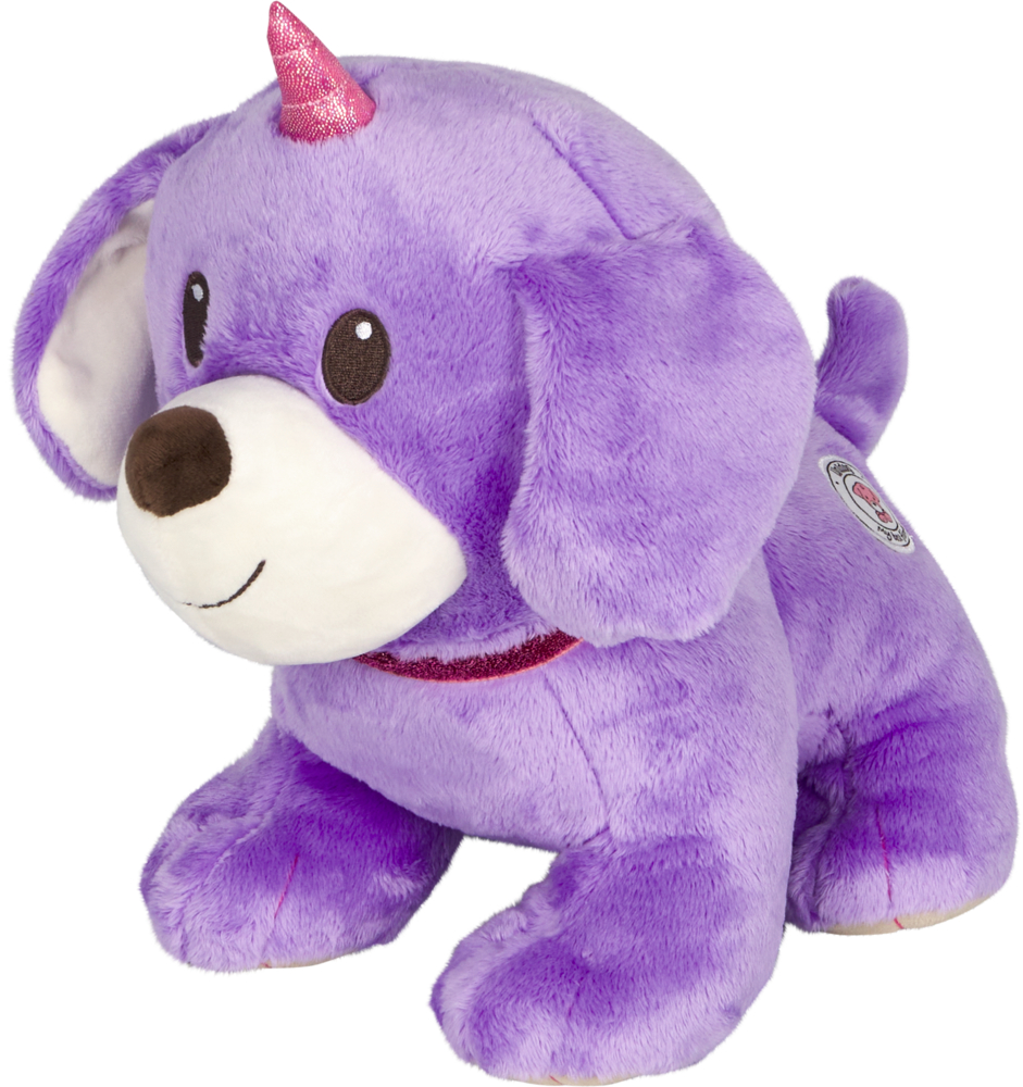 Ein lila Plüschhund mit langen Schlappohren und einem rosa Einhorn-Horn auf dem Kopf.
