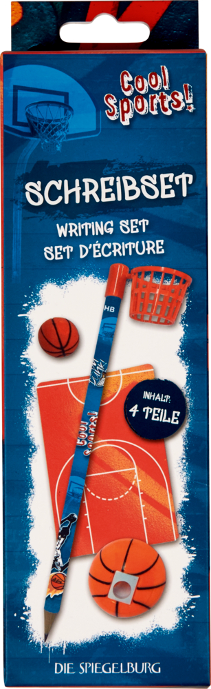 Schreibset - Cool Sports! Blaue Pappschachtel mit Sichtfenster. Darin verschiedene Schreibutensilien in Ballform, als Spielfeld und Mini-Korb.
