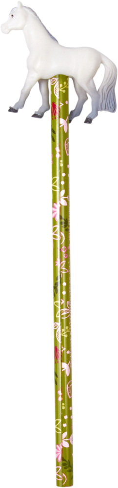 Grüner Bleistift mit Blumenmuster, gekrönt von einer weißen Pferdefigur.