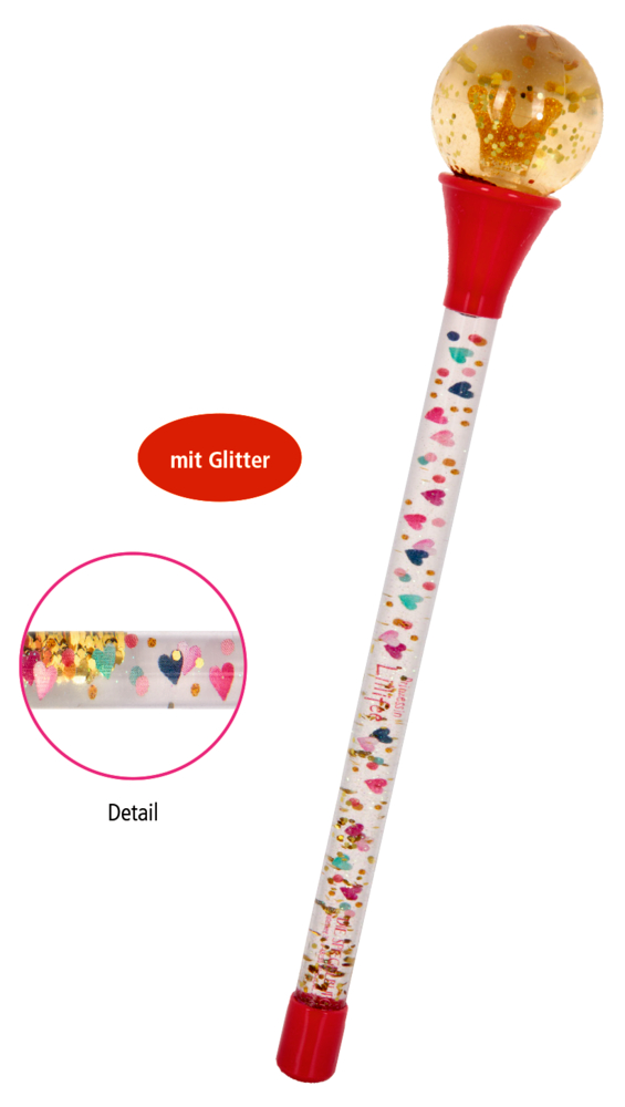 Durchsichtiger Zauberstab und Nahaufnahme des durchsichtigen Griffs mit kleinen Herzen und Glitzerelementen.
