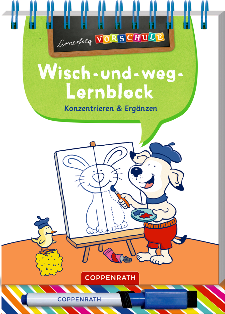 Lernerfolg Vorschule: Konzentrieren&Ergänzen (Wisch&weg-Lernblock) Ein Hund malt an einer Staffelei ein Häschen, daneben eine Ente auf dem Cover eines Vorschul-Aktivitätsbuchs.