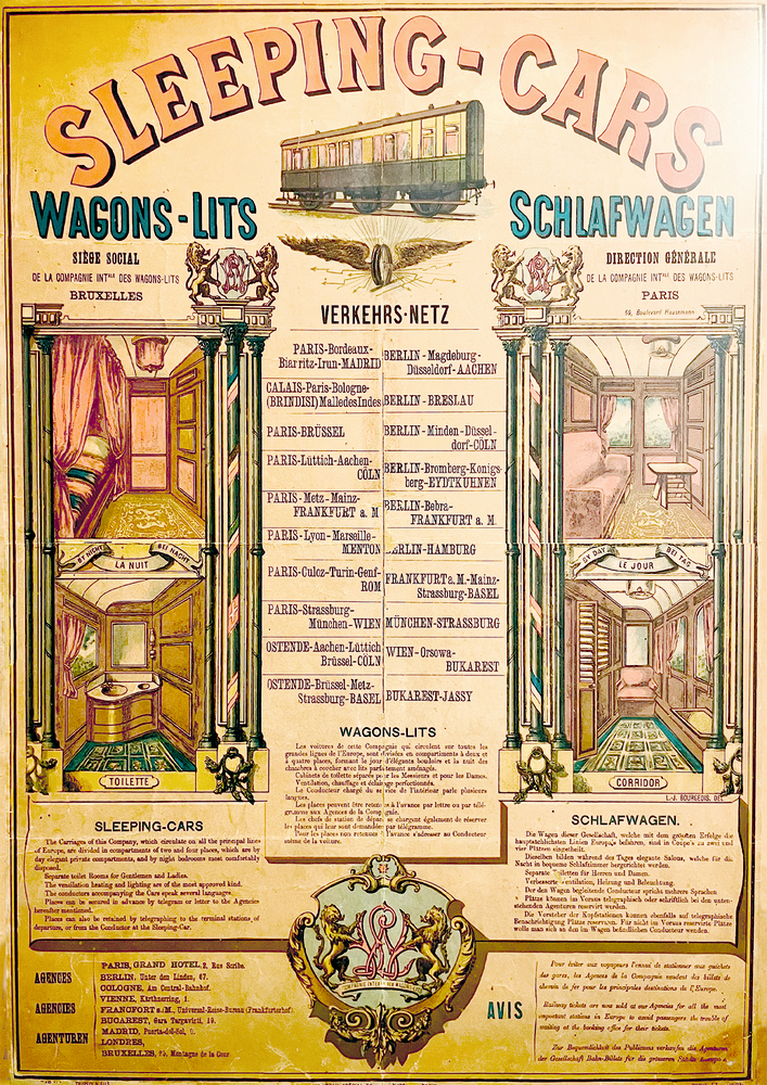 Vintage-Plakat, als Beilage, mit Werbung für Schlafwagen mit illustrierten Zugstrecken und reich verzierten Kabinen.