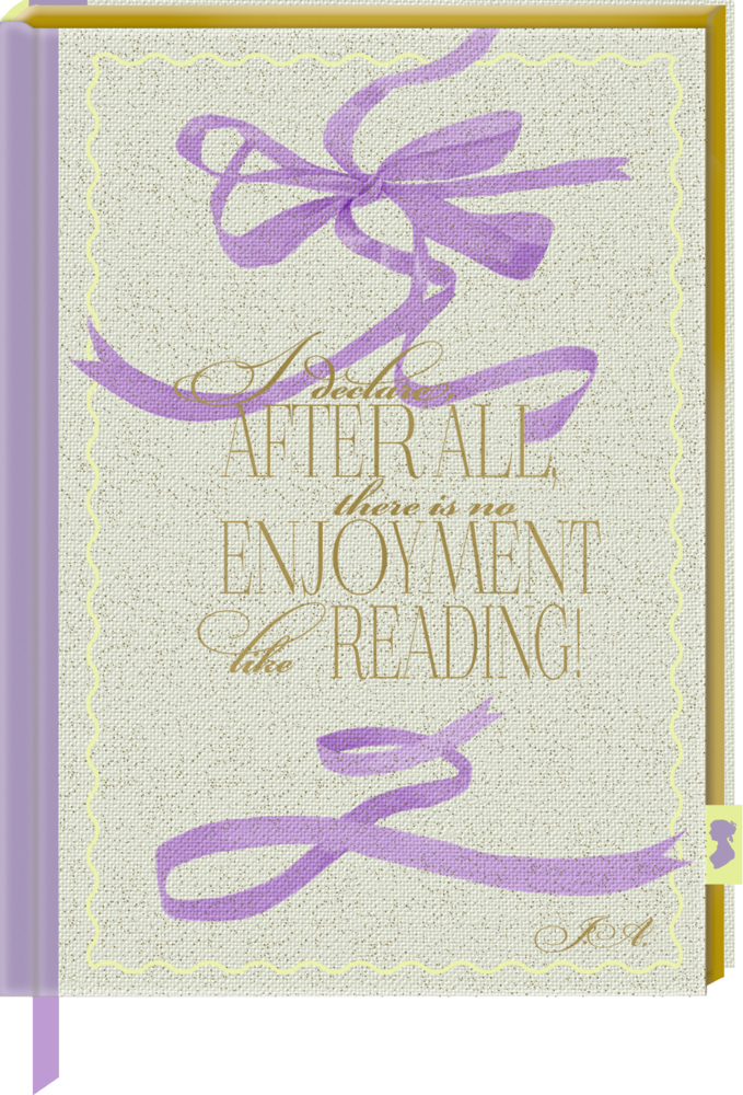 Einband mit violetten Bändern und dem Zitat: „After all, there is noch Enjoyment like reading!“.