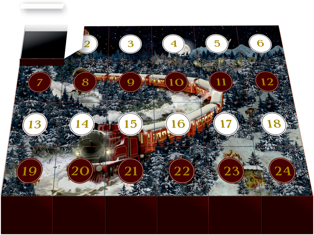 Adventskalender: Roter Zug schlängelt sich durch verschneiten, nächtlichen Wald; nummerierte Türchen 1–24.