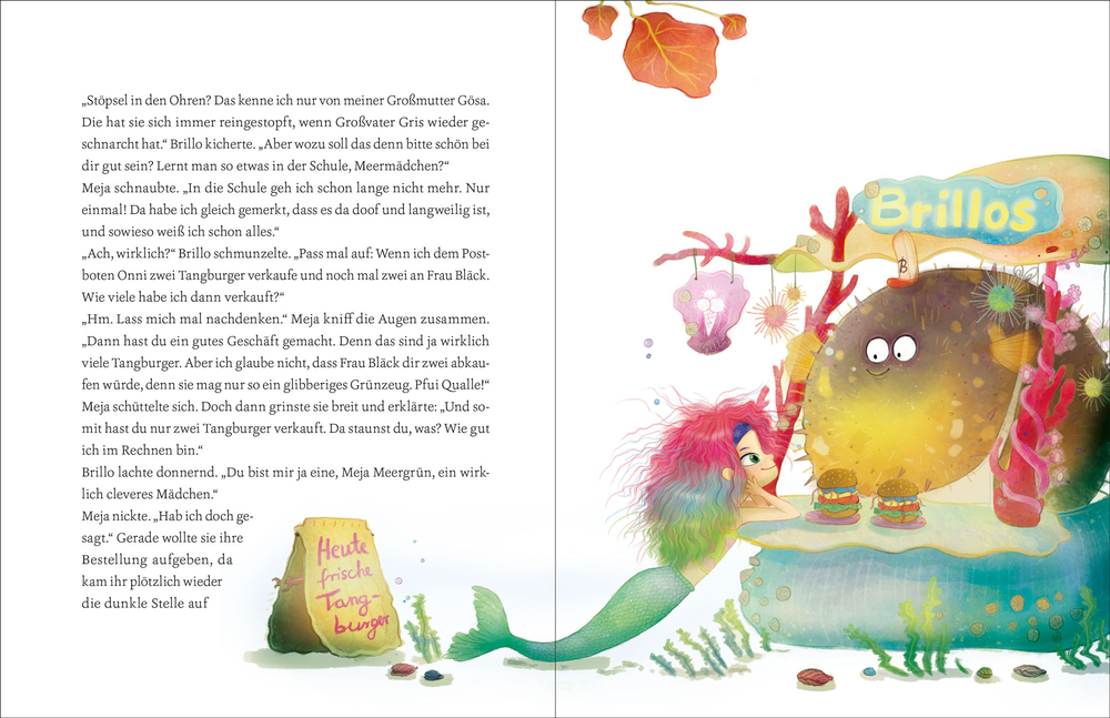 Unterwasserillustration eines Mädchens mit buntem Haar, betitelt „Meja Meergrün“ von Erik O. Lindström.