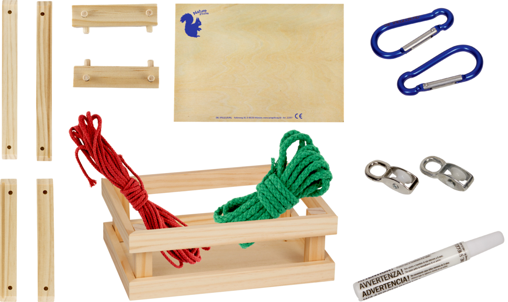 Holzkisten-Set: Enthält rot/grüne Seile, Karabiner, Metallklammern, Holzteile und einen Klebestift.