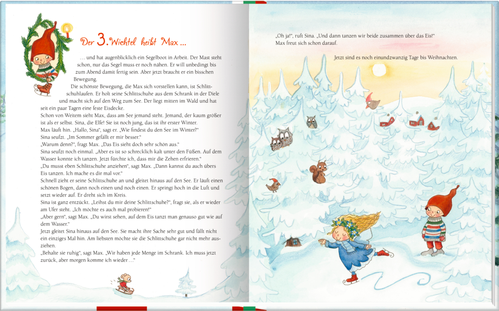Illustrierte Kinderbuchseite mit Wichteln, verschneiten Bäumen und Häusern; Text erscheint auf der linken Seite.