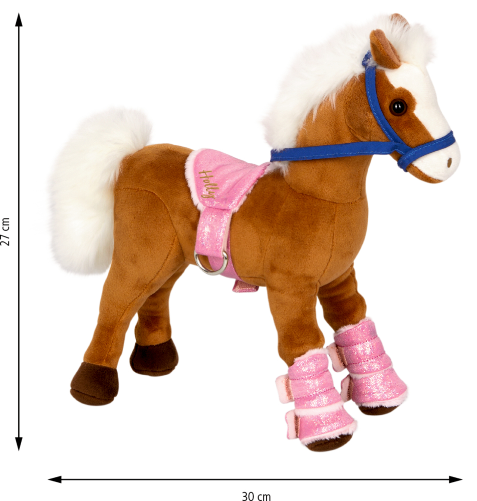 Plüschpferd mit weißer Mähne und der Maßangabe 27 cm und 30 cm.