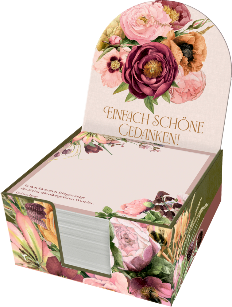 Florale Notizblockbox mit „EINFACH SCHÖNE GEDANKEN!“ in Gold auf der Rückseite aufgedruckt.