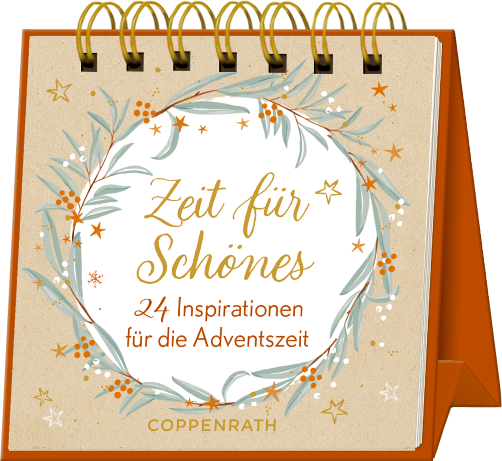 Dekorativer Tischkalender "Zeit für Schönes" mit Blatt- und Sterndekoration auf hell braunem Hintergrund.