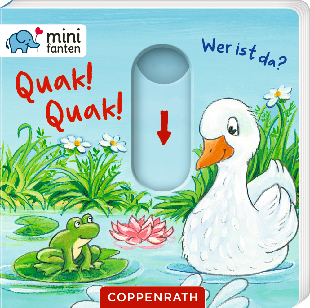 Ein Frosch sitzt auf einem Seerosenblatt. Eine weiße Ente schwimmt im Teich. Quak! Quak! und Wer ist da? stehen im Bild.