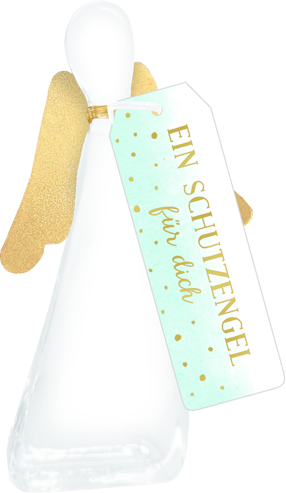 Engelsfigur aus Glas mit goldenen Flügeln und einem Etikett mit der Aufschrift „Ein Schutzengel für dich“.