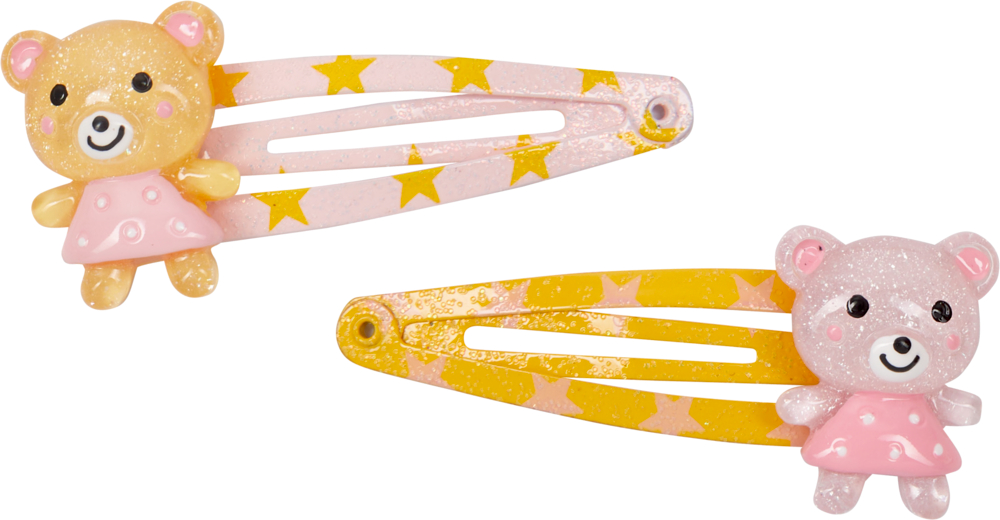 Zwei schimmernde gelbe und rosafarbene Haarspangen mit lächelnden Bären in rosa Kleidern.