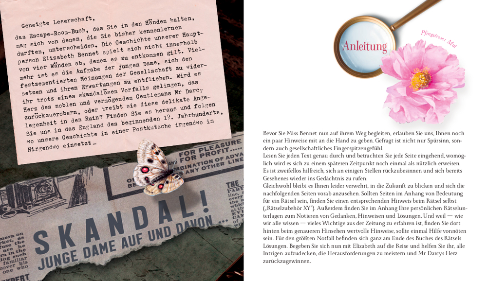 Eine Doppelseite auf der linken Seite ein alter Brief, eine Motte und ein Zeitungsausschnitt, auf der rechten Seite befindet sich eine rosa Blume, eine Lupe und deutscher Text.