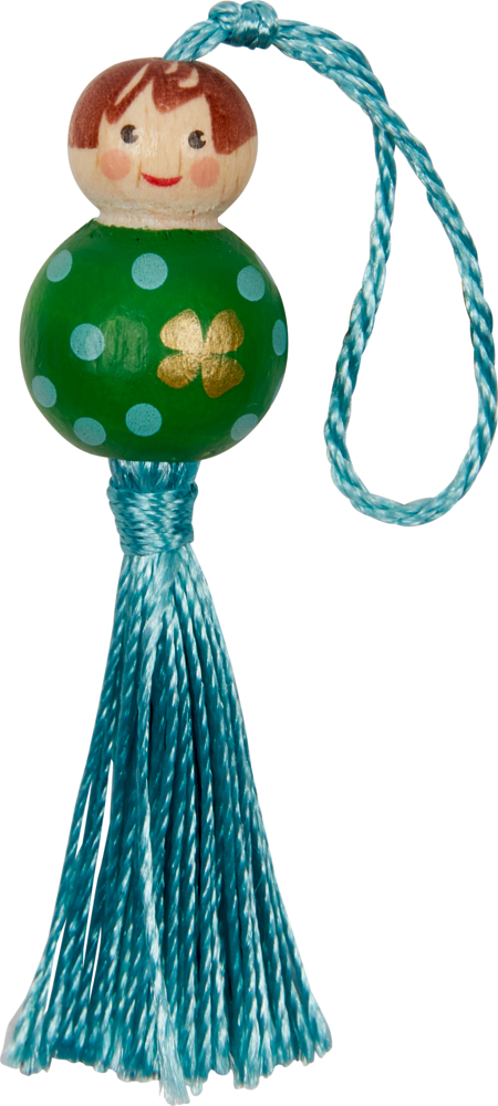 Glückspüppchen "Glück" Viel Glück (Punkte) Kleine Holzperlenpuppe mit grünem gepunktetem Körper, lächelndem Gesicht, blauer Quaste und Aufhängeschlaufe.