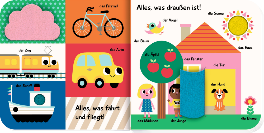 Knallbunte, einfache Darstellungen z.B. von Eisenbahn, Fahrrad, Auto und Boot mit Bezeichnungen.