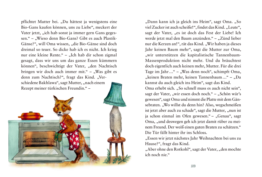 Ein Fuchs in einer Schürze steht neben einem Ofen, während ein Tier mit einem Lampenschirm aufrecht daneben steht, auf einer Doppelseite mit Text.