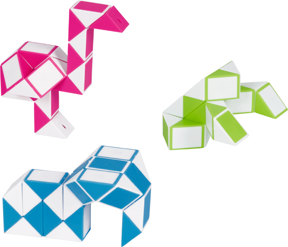 Magische Puzzle-Schlange - Bunte Geschenke Drei farbenfrohe, gewundene Schlangenpuzzles ergeben Formen: einen rosa Vogel, eine grüne Kreatur und eine blaue Tierfigur.