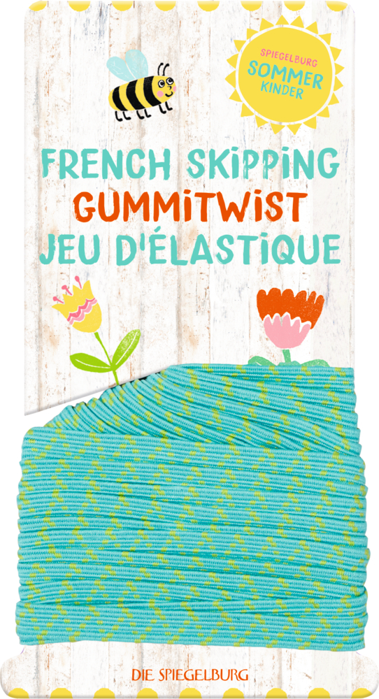Gummitwist Türkisfarbenes Gummiband aufgewickelt auf einer niedlich verzierten Pappkarte.
