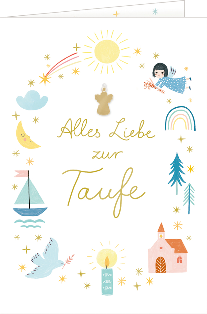 Grußkarte - Alles Liebe zur Taufe (mit kleinem Engelanhänger) Bunte Taufkarte zum Aufklappen mit Sonne, Mond, Sternen, Taube, Engel, Regenbogen, Kerze, Segelboot und „Alles Liebe zur Taufe“ in Goldschrift.