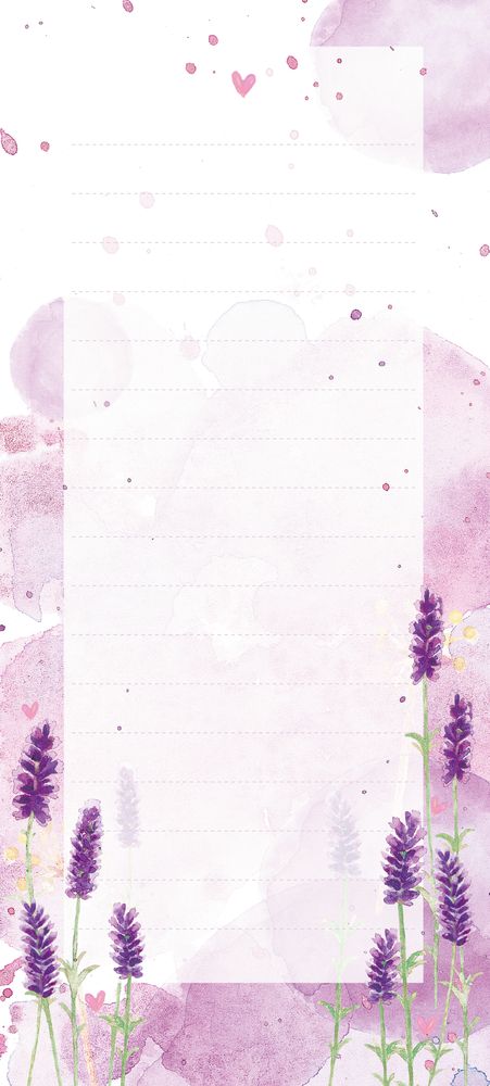 Liniertes Notizpapier mit lila Aquarellflecken, Herzen und Lavendelblüten am unteren Rand.