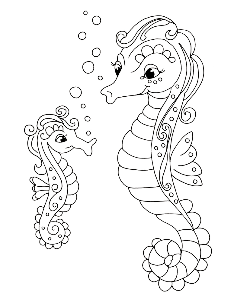 Zwei dekorative Seepferdchen, ein großes und ein kleines, stehen sich gegenüber, dazwischen befinden sich Blasen, auf einer Ausmalseite.