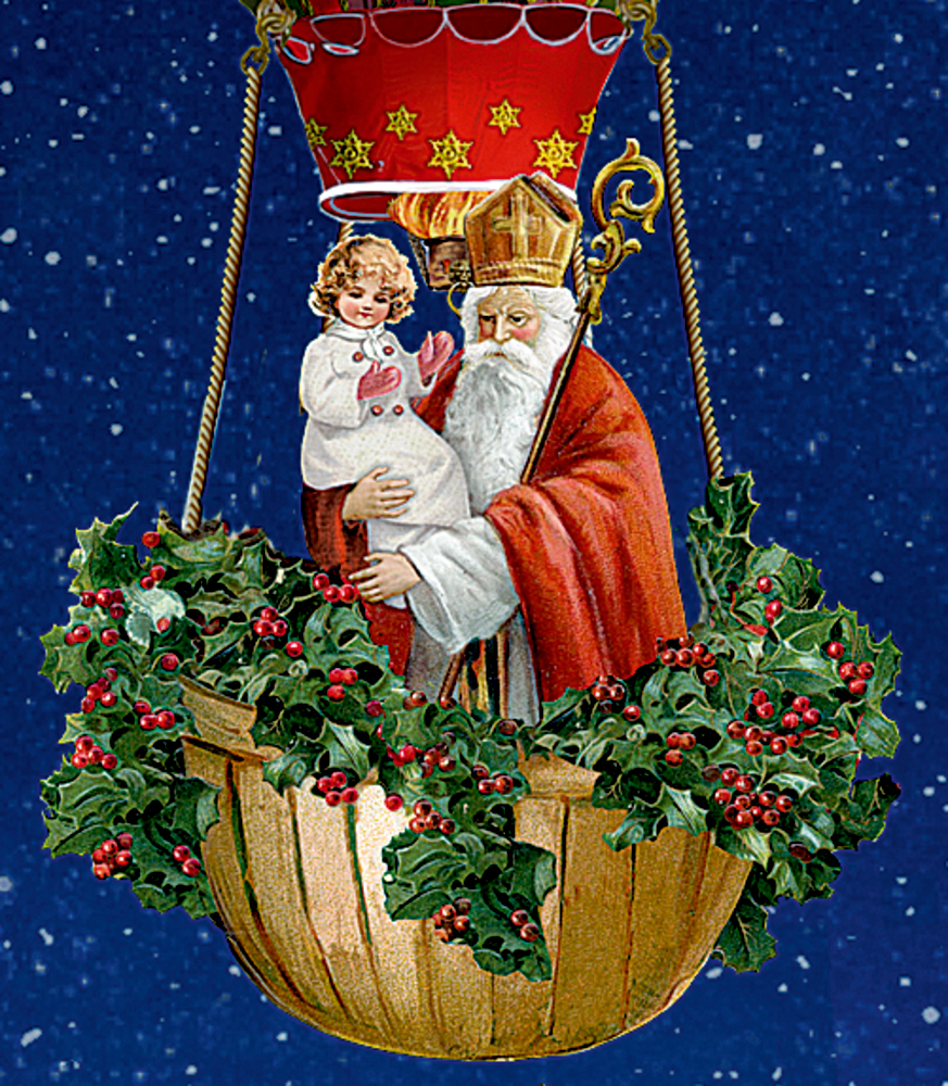 Santa und ein Kind in einem mit Stechpalmen geschmückten Ballon schweben durch die sternenklare Nacht.