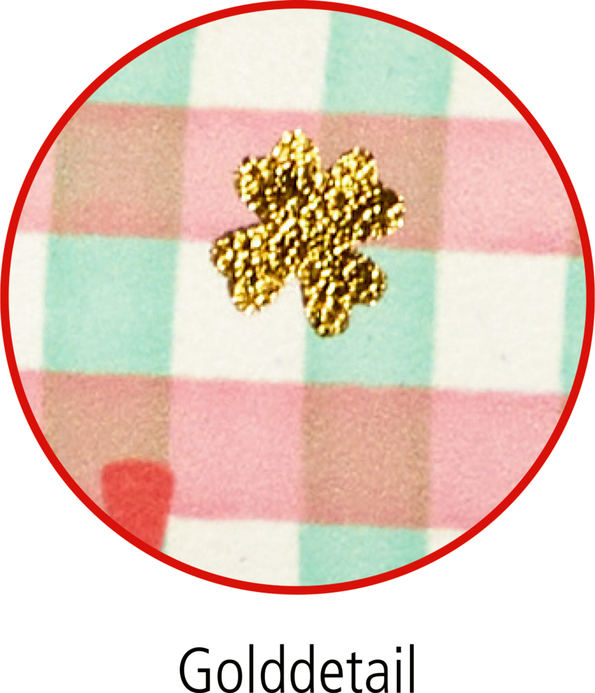 Goldenes Glitzerkleeblatt auf einem rosa, weißen und blaugrünen karierten Hintergrund.