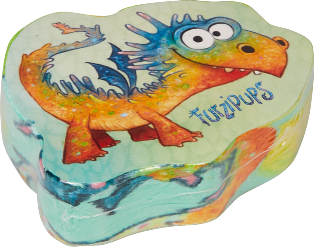 Zauberhandtuch Furzipups Cartoon-Drachenillustration auf einem kleinen Paket mit den Umrissen des Drachens.