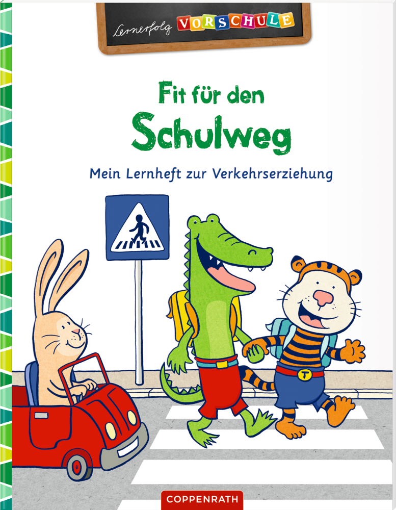 Lernerfolg Vorschule: Fit für den Schulweg Krokodil und Tiger überqueren einen Zebrastreifen, während ein Kaninchen im roten Auto wartet.