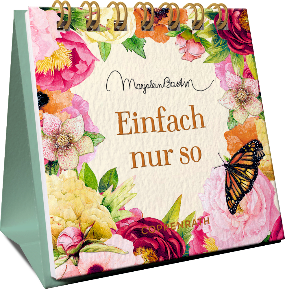 Mini-Spiralaufsteller: Einfach nur so (M. Bastin) Floraler Spiralaufsteller in der seitlichen Perspektive mit Text „Einfach nur so“ und Schmetterling, Design von Marjolein Bastin.