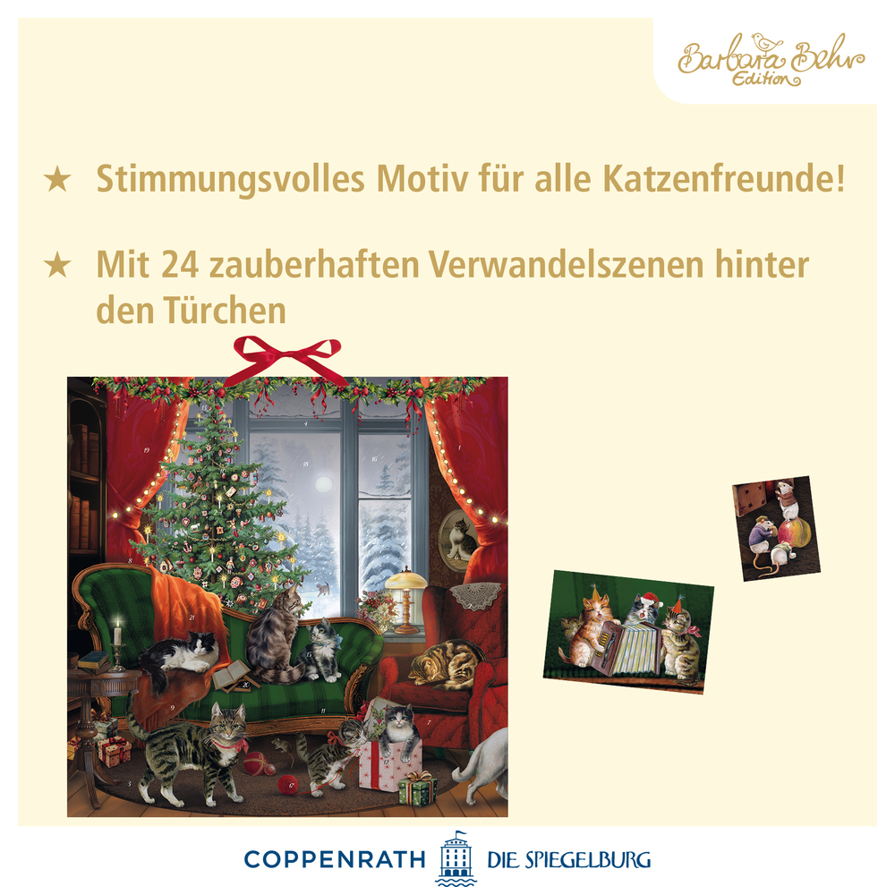 Adventskalender mit Katzen im festlich geschmückten Wohnzimmer am Weihnachtsbaum, Beschreibungstext dabei.