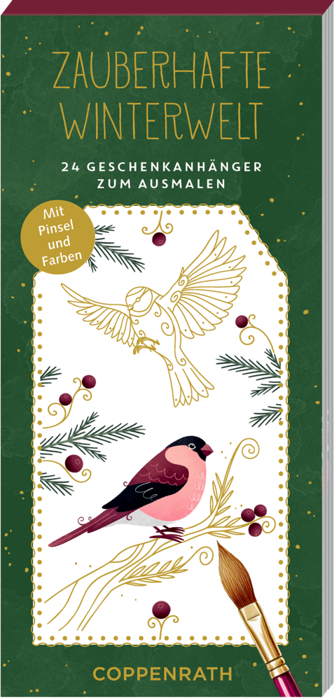 Malblock-Cover: illustrierte Vögel, Beeren, Tannenzweige, Pinsel, betitelt „Zauberhafte Winterwelt“.