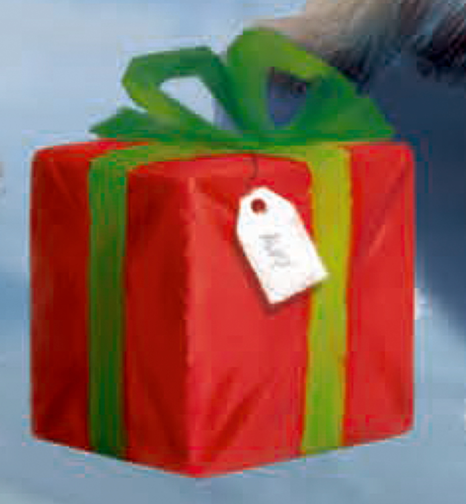 Rote Geschenkbox mit grünem Band und weißem Etikett vor einem verschwommenen blauen Hintergrund.