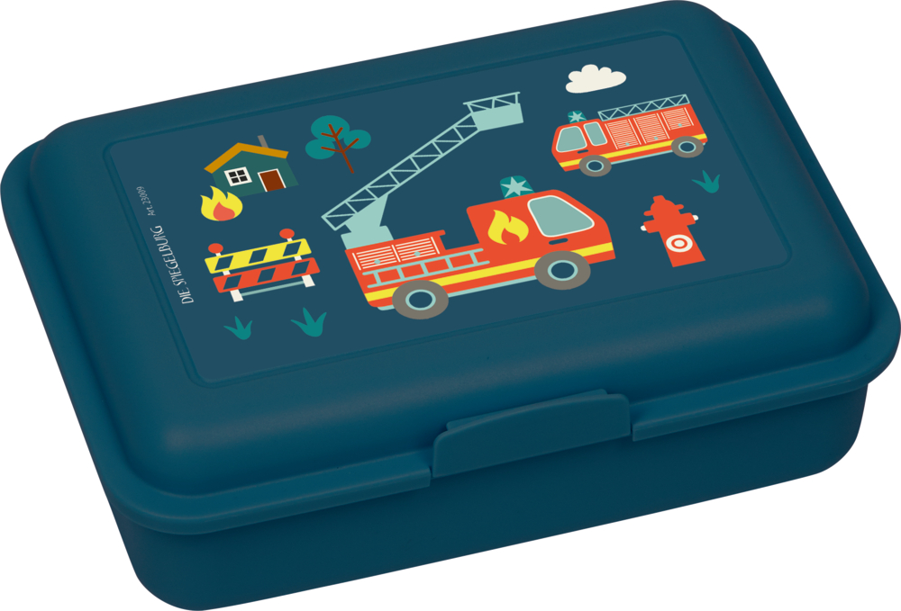 Blaue Lunchbox mit Cartoon-Feuerwehrautos, Haus, Bäumen, Barrikade und Hydranten auf dem Deckel.