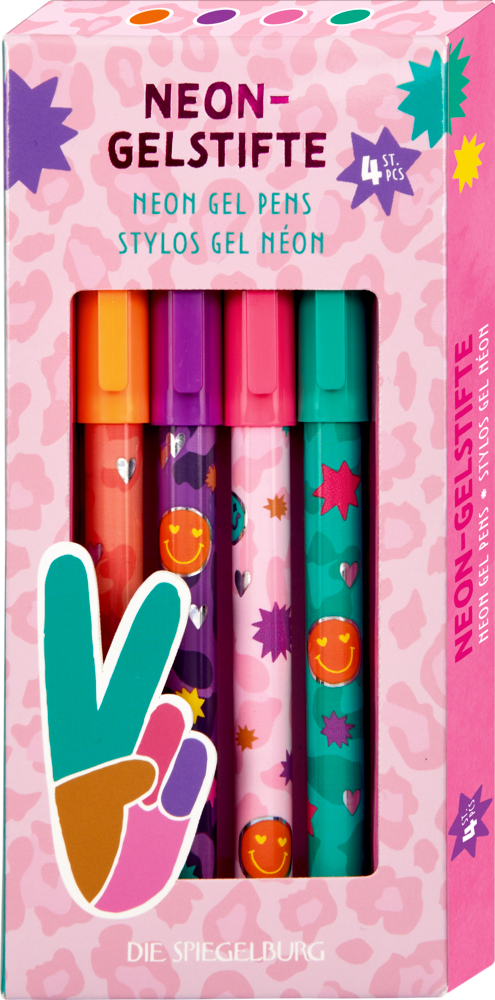 Set mit vier Neon-Gelstiften mit lebendigen Designs und einem gezeichneten Victory-Zeichen auf der Vorderseite der Verpackung.