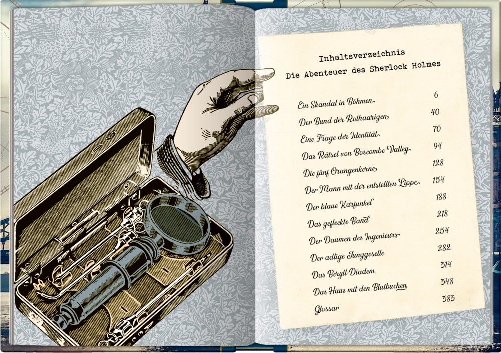 Eine gezeichnete Hand hält ein Inhaltsverzeichnis neben einer Schachtel mit einer Lupe und Werkzeugen.