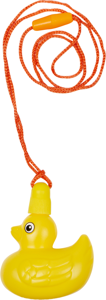 Gelbe Plastikente an rotem Band