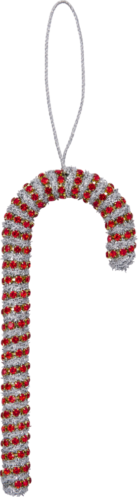 Zuckerstangenförmiger Weihnachtsschmuck mit roten und silbernen Glitzersteinen und silberner Aufhängeschnur.