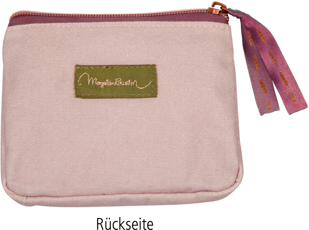 Rosa Portmonee mit grünem Etikett, rosa Reißverschluss und Band am Griff.