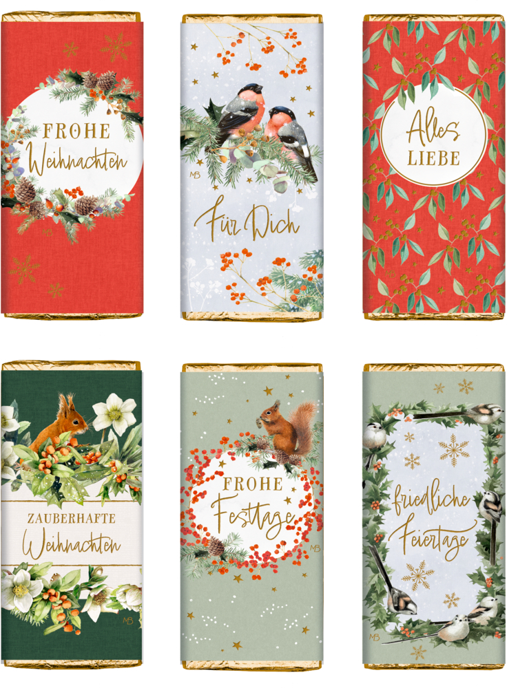 Sechs festliche Schokotafeln mit weihnachtlichen Motiven: Vögel, Eichhörnchen, Blumen und Grüße.