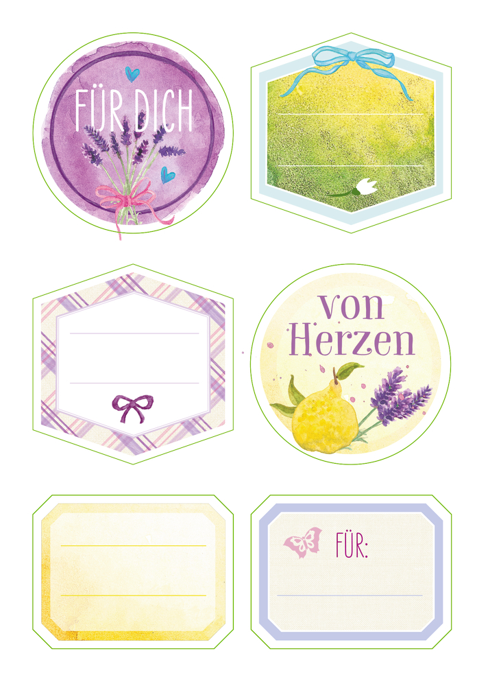Sechs bunte Aufkleber mit Blumen, Herzen und Schleifen, darauf Text wie Für Dich und von Herzen.